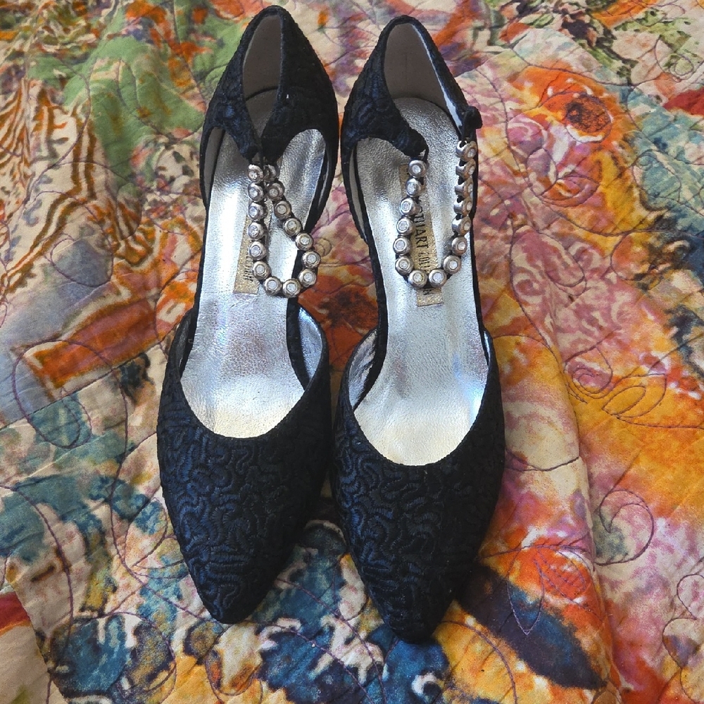 Dolce & Gabbana Black Lace Heels with Pearl Accents